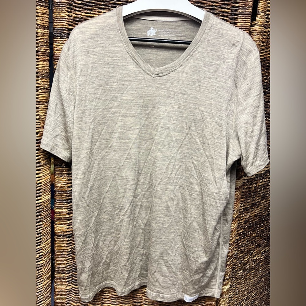 Woolly- Men's Heather Tan V neck Shirt- Large, 100% Merino Wool, two small spots